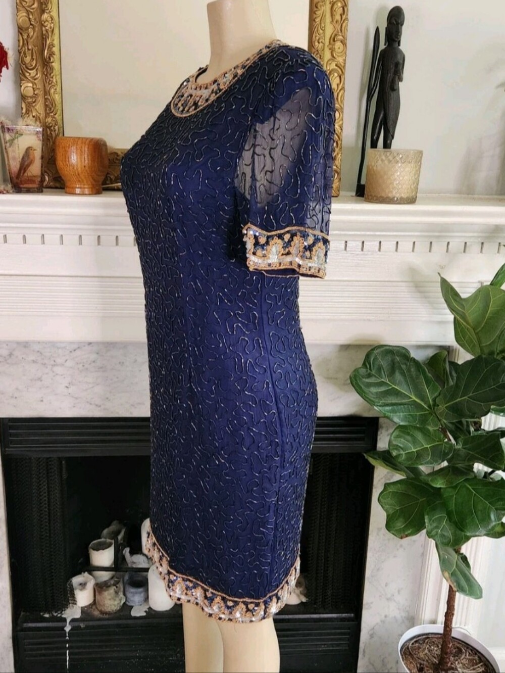 Vintage 80S Laurence Kazar Blue Beaded Silk Dress Sz M Sequin Sheer Art Deco - Picture 3 of 9